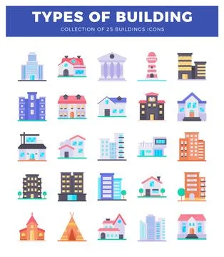 Flat icon collection of diverse buildings. architecture symbols. houses. ap.. Stock Illustration