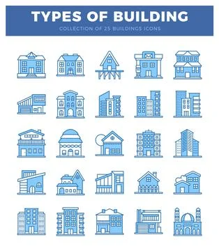 Flat icon collection of diverse buildings. urban and suburban architecture. Ilustración de archivo