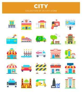 Flat icon collection of diverse city elements including buildings. vehicles.. イラスト素材