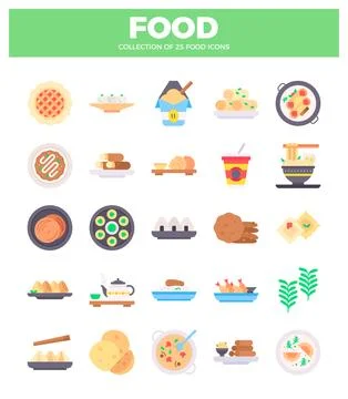 Flat icon collection of diverse food and drink items on a white background. Stock Illustration