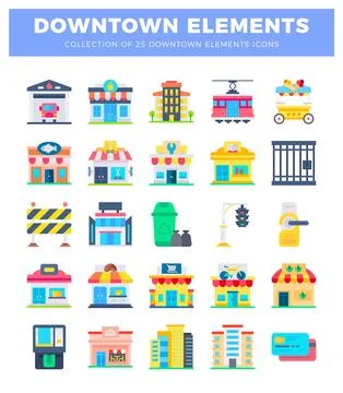 Flat icon collection of downtown elements. city buildings. and services Ilustración de archivo