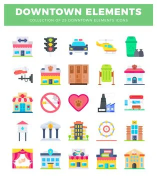 Flat icon collection of downtown elements with buildings. police car. and t.. Stock Illustration