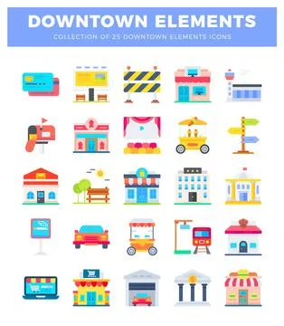 Flat icon collection of downtown elements for urban navigation and services 스톡 일러스트