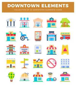 Flat icon collection of downtown elements bank. shops. transport and signs Stock Illustration