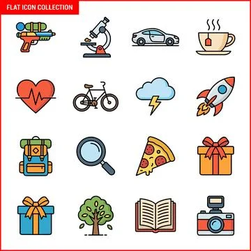 Flat Icon Collection Featuring Diverse Objects and Concepts. Ilustración de archivo