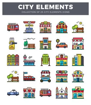 Flat icon collection representing 25 city elements with colorful isometric .. Stock Illustration