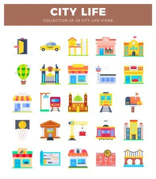 Flat icon collection representing city life with transportation and buildings Ilustración de archivo
