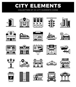 Flat icon collection representing city elements. イラスト素材