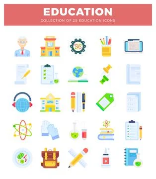 Flat icon collection of school and science symbols on white background Stock Illustration