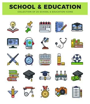 Flat icon collection for school and education Stock Illustration