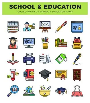 Flat icon collection of school and education supplies with title Stock Illustration