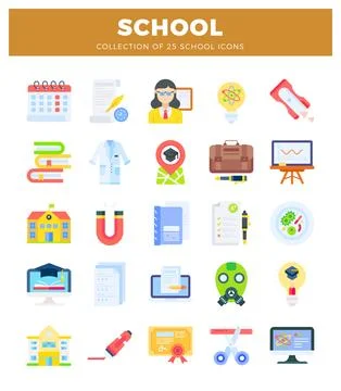 Flat icon collection for school education and learning concepts Stock Illustration