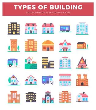Flat icon collection showing diverse building types in a grid layout Ilustração Stock