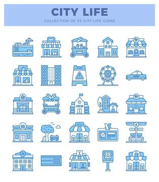 Flat icon collection of urban elements against a white background. Stock Illustration
