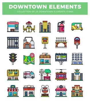 Flat icon collection of urban elements with colorful illustrations. 스톡 일러스트