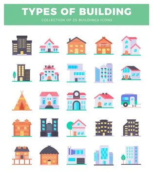 Flat icon collection of varied building types on white background Ilustración de archivo
