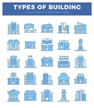 Flat icon collection of various building types. set against a white backgroun Ilustración de archivo