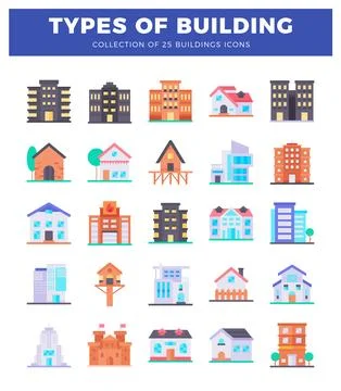 Flat icon collection of various building types on a white background with b.. Ilustración de archivo