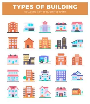 Flat icon collection of various building types on a white background. Ilustración de archivo