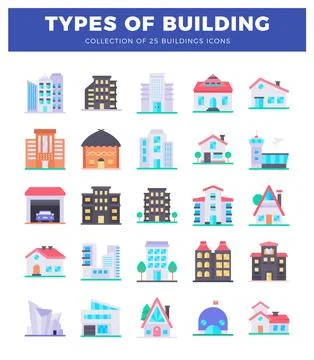Flat icon collection of various building types with detailed architecture o.. Ilustración de archivo