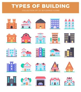 Flat icon colorful building illustrations on white background Ilustración de archivo