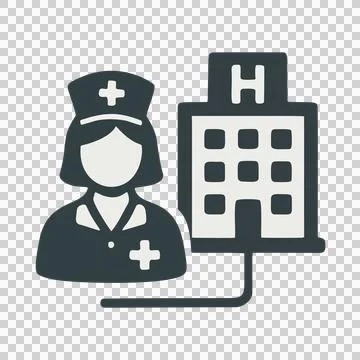 Flat Icon Design of a Professional Nurse Character Standing Next to a Modern Hos Stock Illustration
