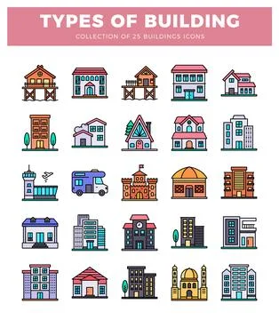 Flat icon different building types. featuring houses. apartments. and insti.. Ilustración de archivo