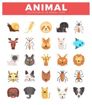 Flat icon diverse animals. Stylized vector art with cartoon style on white .. Stock Illustration