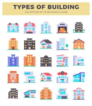 Flat icon diverse building types. presented on a white background. Ilustración de archivo