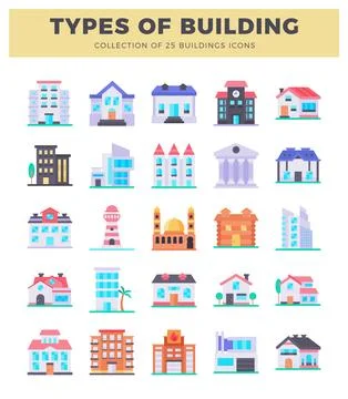 Flat icon diverse building types on white background. Ilustración de archivo