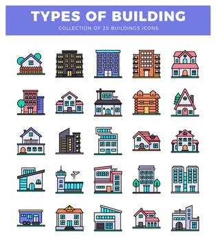 Flat icon diverse building types on a white background. Stock Illustration