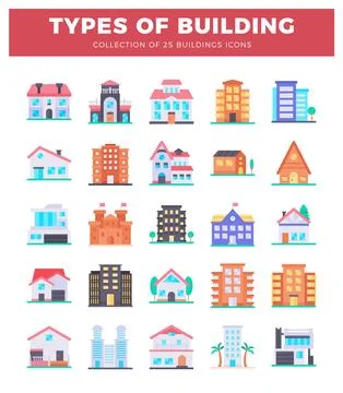 Flat icon diverse building types in a simple. modern style. Ilustração Stock