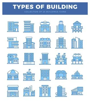 Flat icon diverse building types in blue outline style Ilustración de archivo