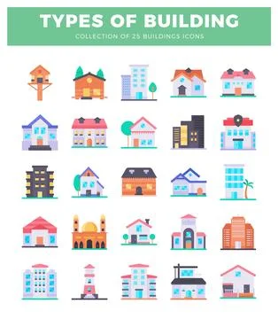 Flat icon diverse buildings in a clean. modern style on a white background... Ilustración de archivo