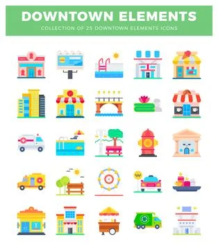 Flat icon downtown city elements in a colorful graphic design. 스톡 일러스트