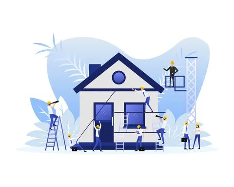 Flat icon with house construction people for site design. Vector line Illustrazione stock