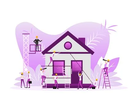 Flat icon with house construction people for site design. Vector line Stock Illustration