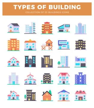 A flat icon illustrations of various building types on a white background Ilustración de archivo