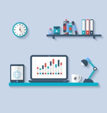 Flat icon of modern office interior with designer desktop, application with.. Stock Illustration