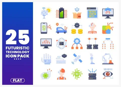 Flat icon pack of futuristic technology concepts on a blue gradient backgro.. Stock Illustration