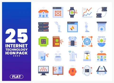 Flat icon pack with internet technology illustrations and data visualizations Ilustração Stock