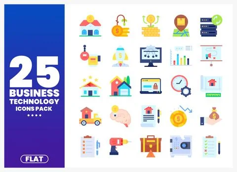 Flat icon pack showcasing business and technology concepts on a white backg.. Stock Illustration