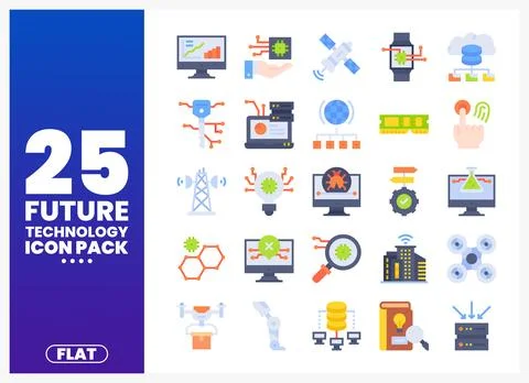 Flat icon pack showcasing future technology elements on a white background. Stock Illustration