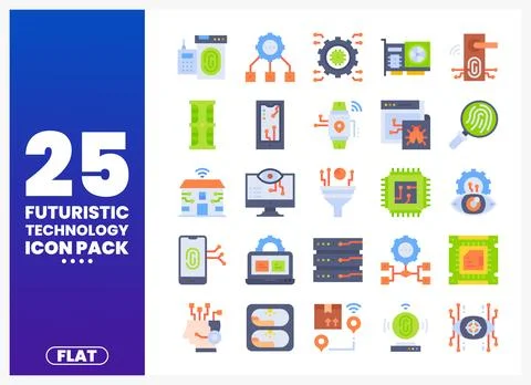 Flat icon pack showcasing futuristic technology elements. Stock Illustration