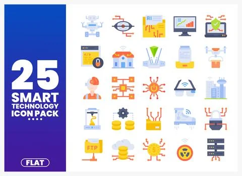 Flat icon pack showcasing smart technology elements on a blue gradient back.. Stockillustratie