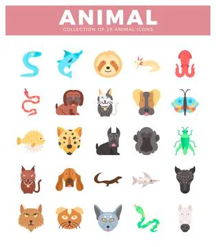 Flat icon set of 25 diverse animals arranged in a grid on a white backgroun.. Stock Illustration