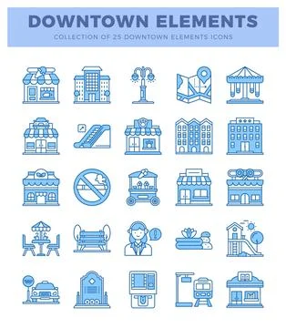 Flat icon set of 25 downtown elements with blue outlines on white background. Illustrazione stock