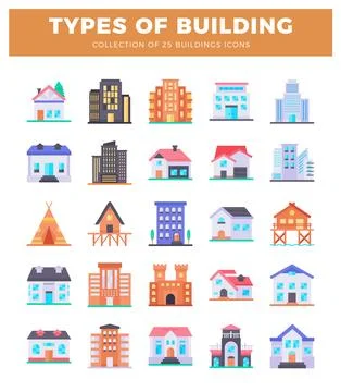 Flat icon set of 25 various building types and architectural styles on a wh.. Ilustración de archivo