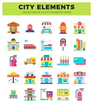 Flat icon set of city buildings and transport Ilustración de archivo