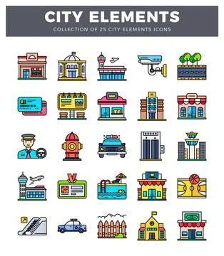 Flat icon set of city elements. with each icon representing a building. veh.. 스톡 일러스트